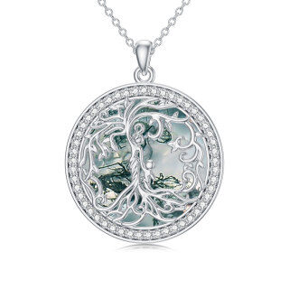 Sterling Silver Circular Shaped Moss Agate Tree Of Life & Mother Pendant Necklace-8