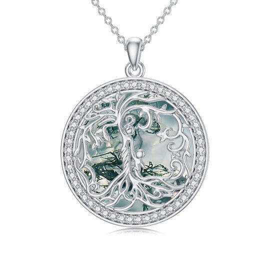 Sterling Silver Circular Shaped Moss Agate Tree Of Life & Mother Pendant Necklace