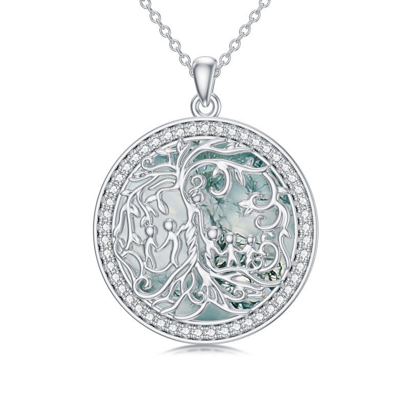Sterling Silver Circular Shaped Moss Agate Tree Of Life & Mother Pendant Necklace-3