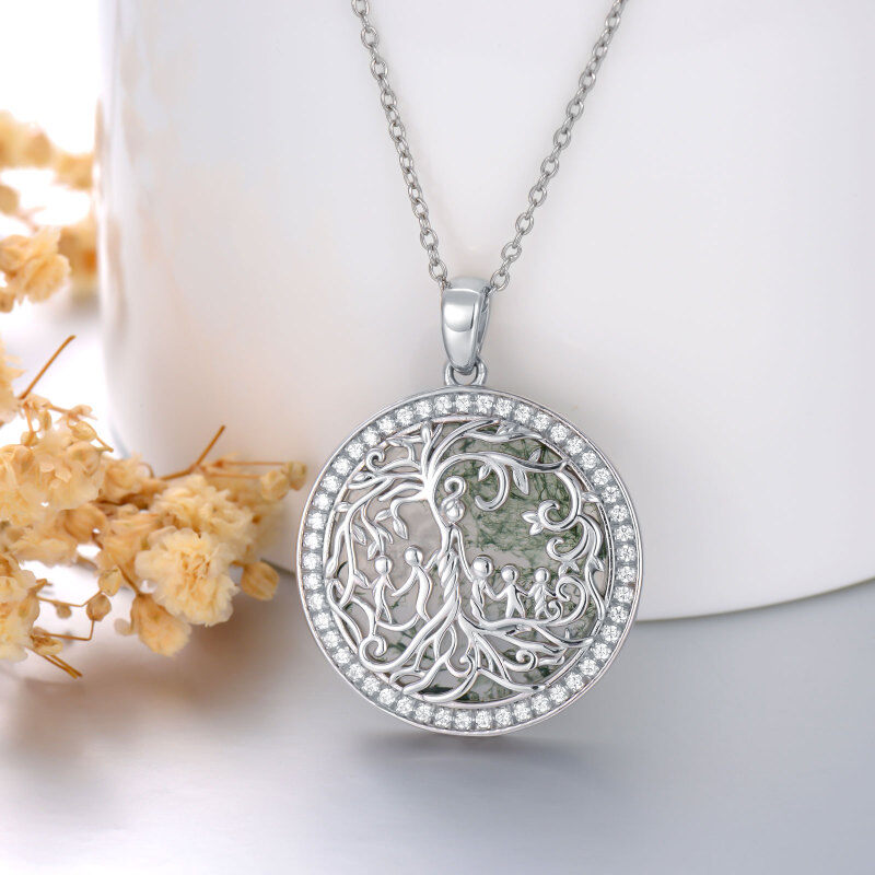 Sterling Silver Circular Shaped Moss Agate Tree Of Life & Mother Pendant Necklace-3