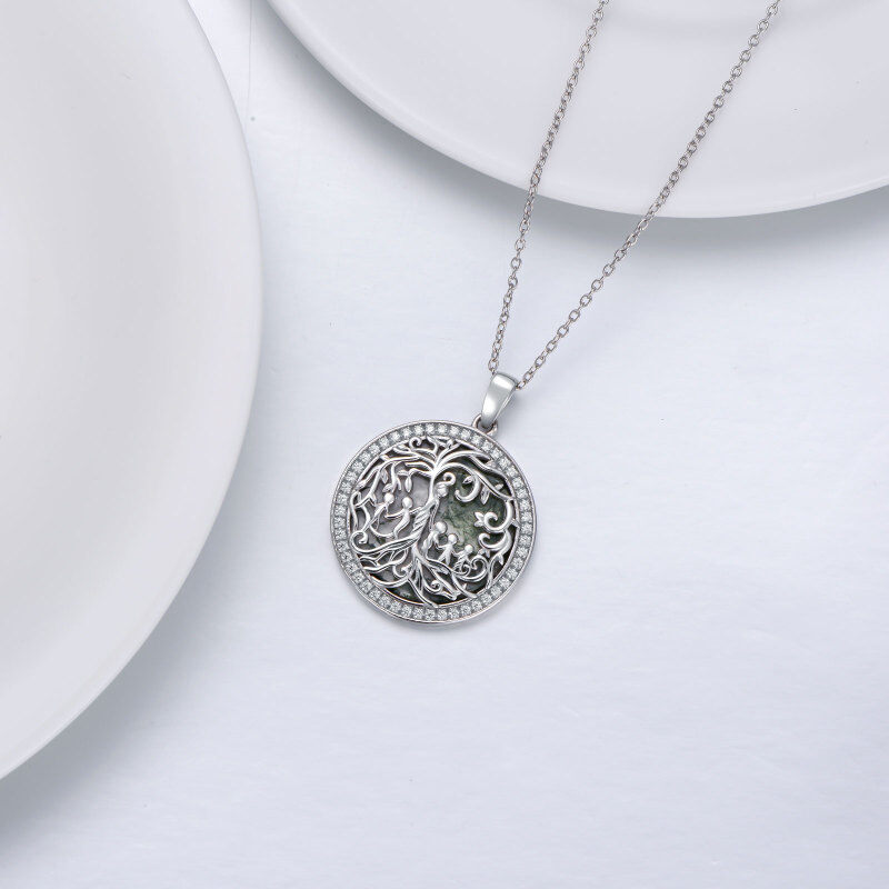 Sterling Silver Circular Shaped Moss Agate Tree Of Life & Mother Pendant Necklace-4