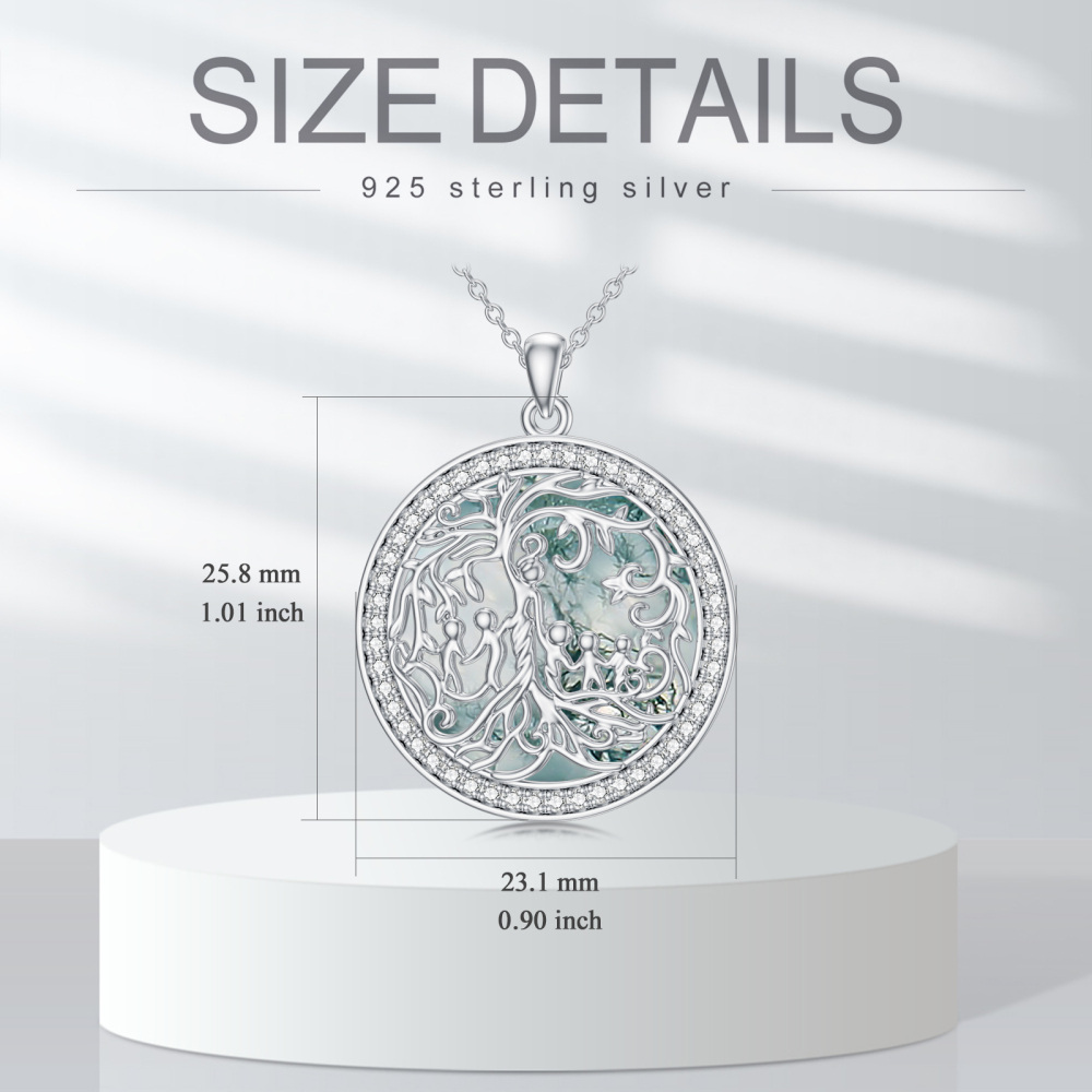 Collar colgante de plata de ley con forma circular de ágata musgosa Árbol de la vida y mad-5