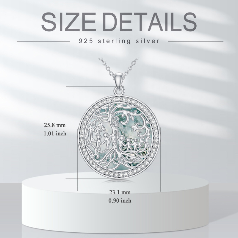 Sterling Silver Circular Shaped Moss Agate Tree Of Life & Mother Pendant Necklace-5