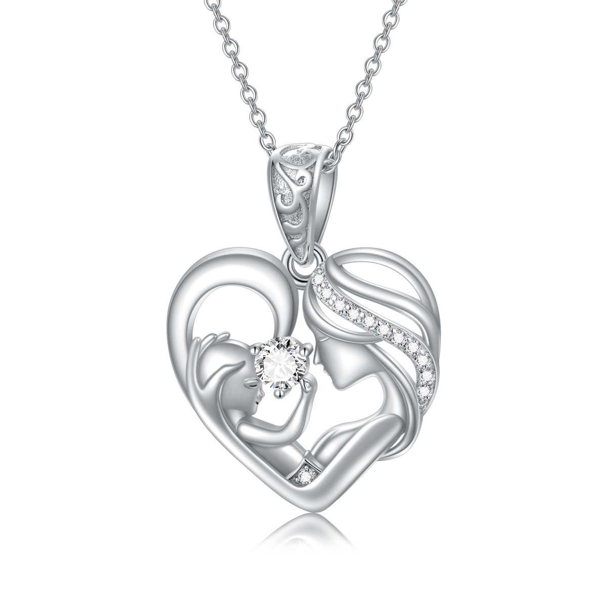 Sterling Silver Circular Shaped Cubic Zirconia Mother & Daughter Heart Pendant Necklace-1