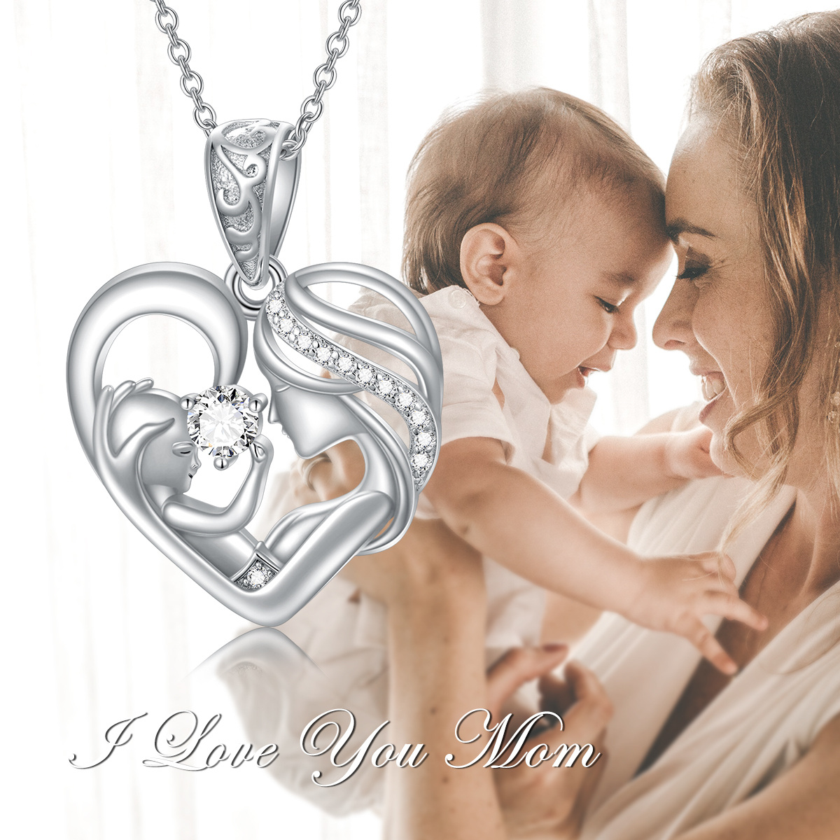 Sterling Silver Circular Shaped Cubic Zirconia Mother & Daughter Heart Pendant Necklace-3