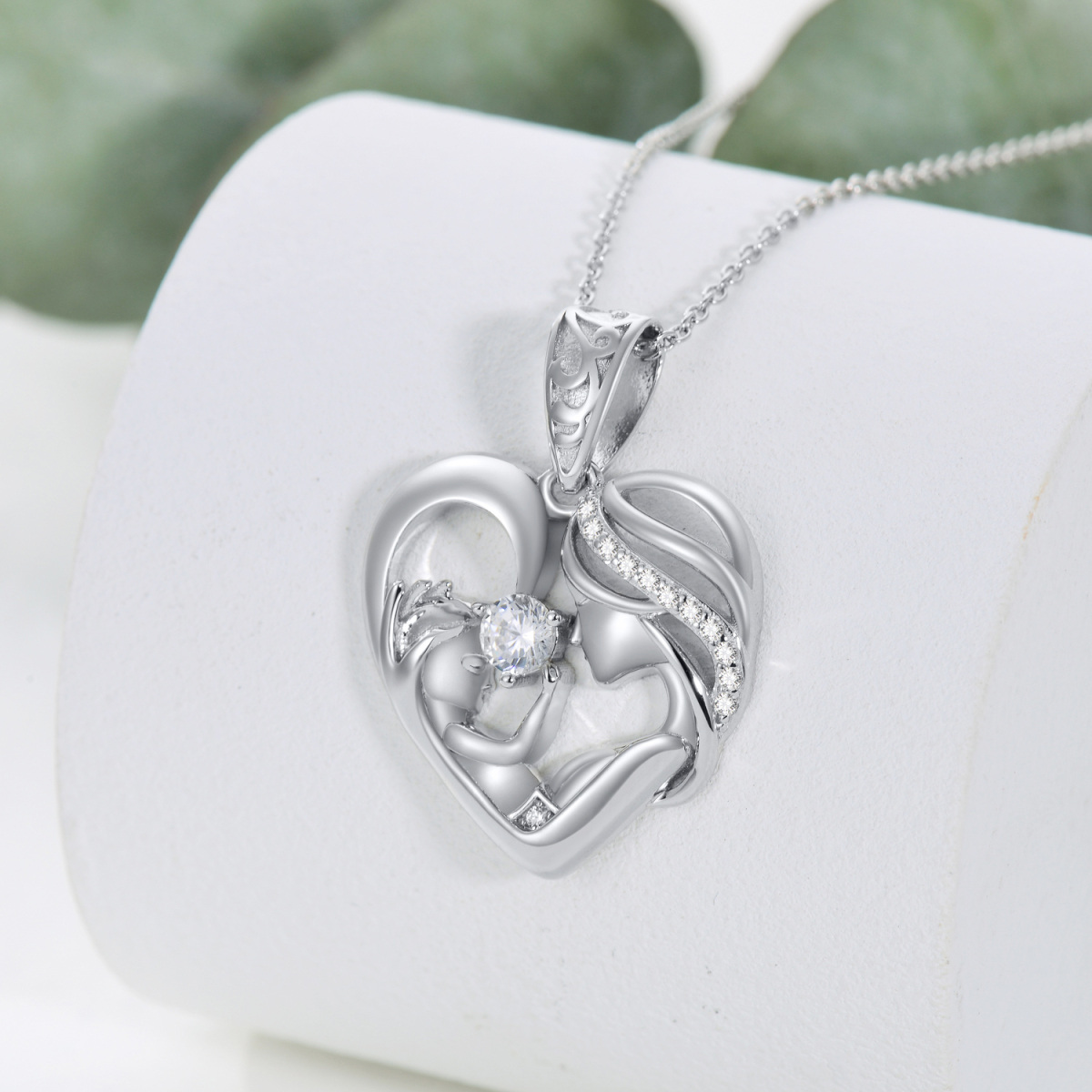 Sterling Silver Circular Shaped Cubic Zirconia Mother & Daughter Heart Pendant Necklace-4