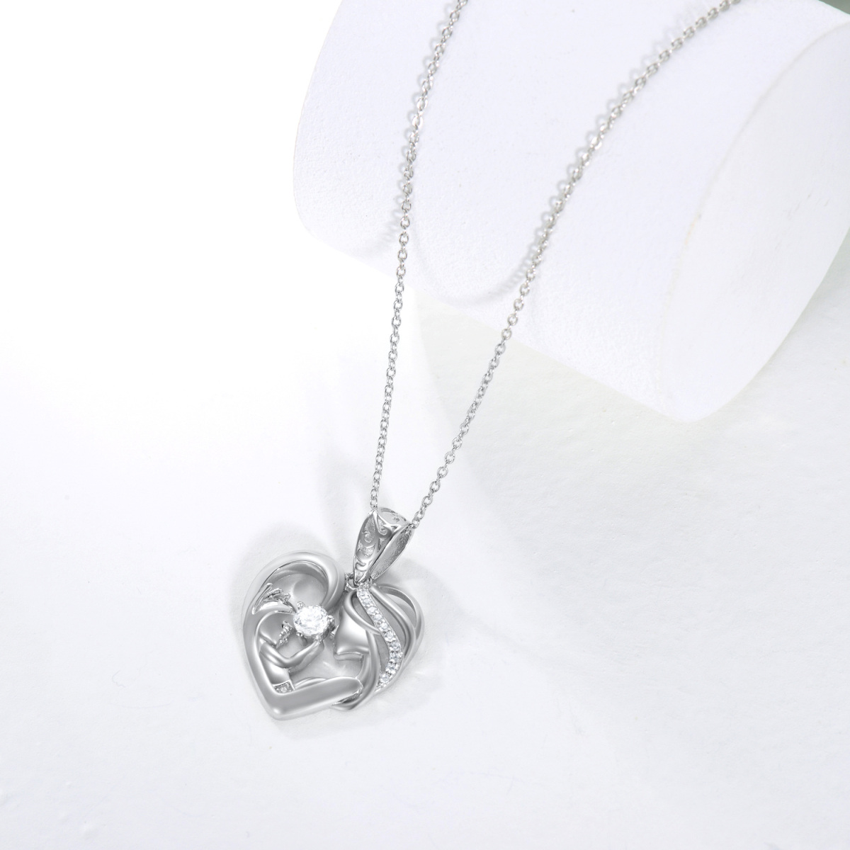 Sterling Silver Circular Shaped Cubic Zirconia Mother & Daughter Heart Pendant Necklace-5