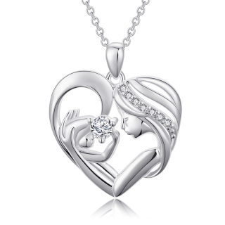 Sterling Silver Circular Shaped Cubic Zirconia Mother & Heart Pendant Necklace-52