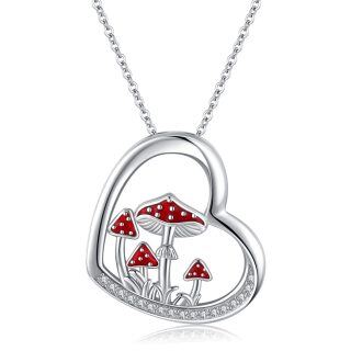 Sterling Silver Circular Shaped Cubic Zirconia Mushroom & Heart Pendant Necklace-45