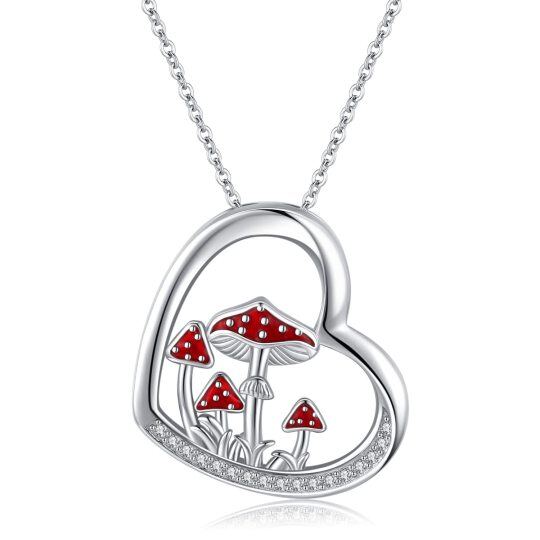 Sterling zilveren ronde vorm Cubic Zirconia paddestoel en hart hanger ketting