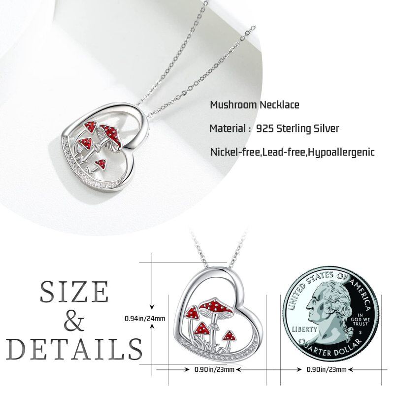 Sterling Silver Circular Shaped Cubic Zirconia Mushroom & Heart Pendant Necklace-6