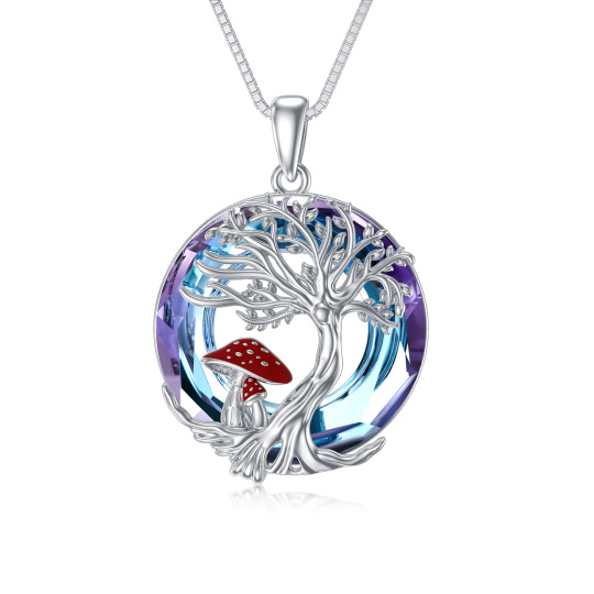 Sterling Silver Circular Shaped Mushroom & Tree Of Life Crystal Pendant Necklace