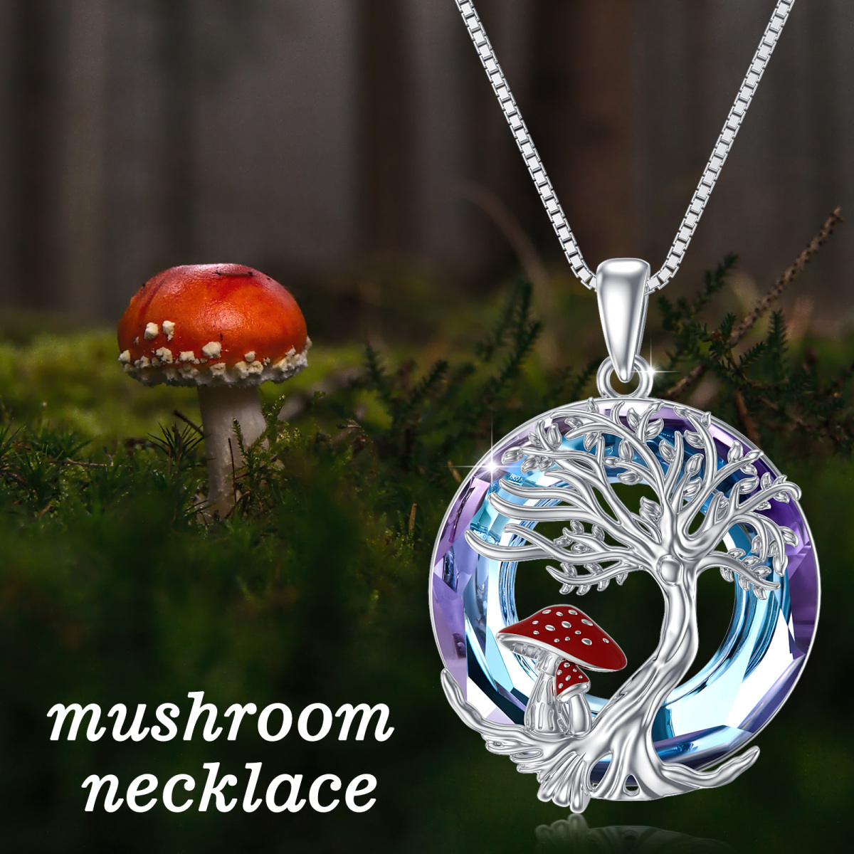 Collier en argent sterling avec pendentif champignon circulaire et cristal de l'arbre de v-5