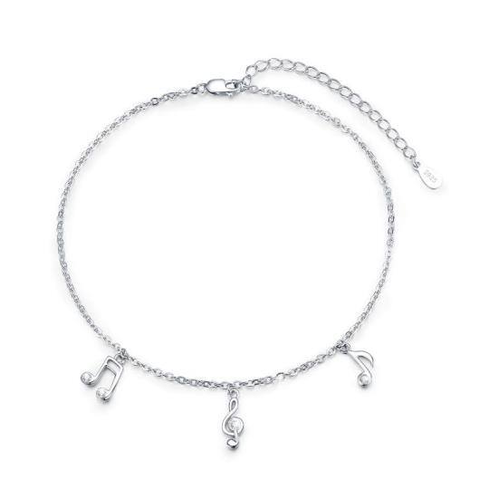 Sterling Silver Circular Shaped Cubic Zirconia Music Symbol Single Layer Anklet