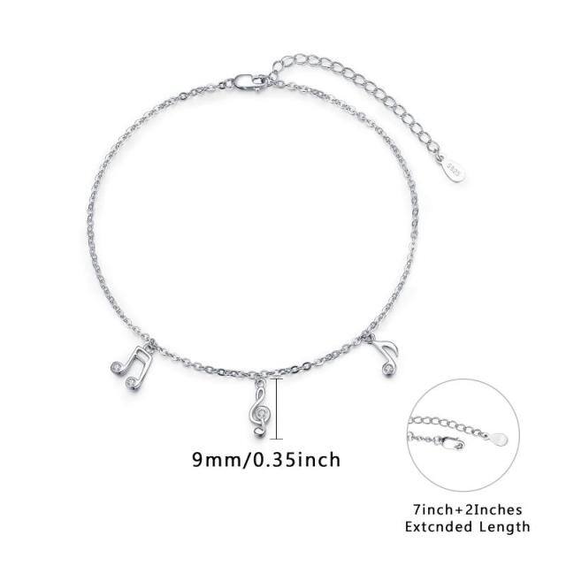 Sterling Silver Circular Shaped Cubic Zirconia Music Symbol Single Layer Anklet-5