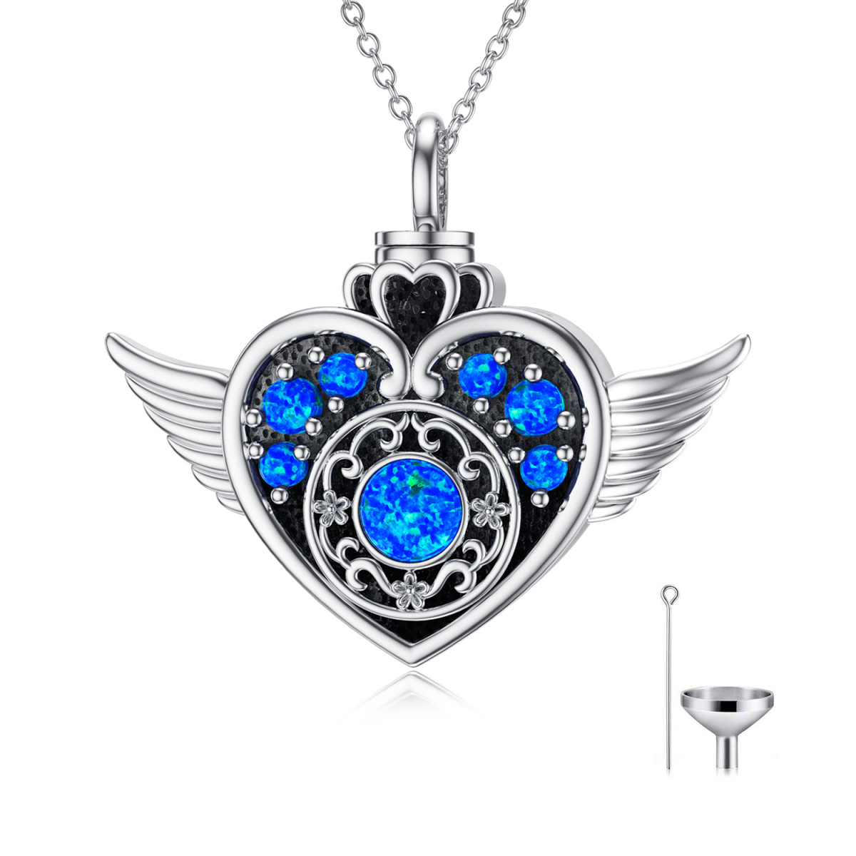 Sterling Silver Circular Shaped Opal Angel Wing & Heart Urn Necklace for Ashes-1