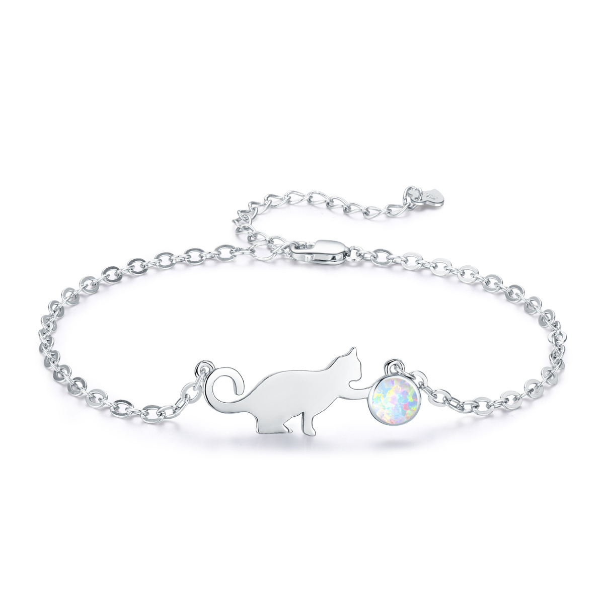 Pulsera de plata de ley con forma circular de ópalo y colgante de gato-1