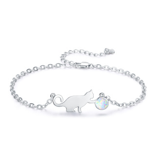 Sterling Silver Circular Shaped Opal Cat Charm Bracelet-25