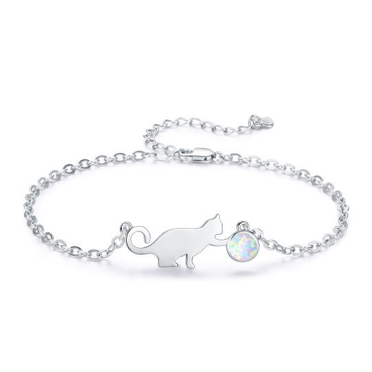 Pulsera de plata de ley con forma circular de ópalo y colgante de gato