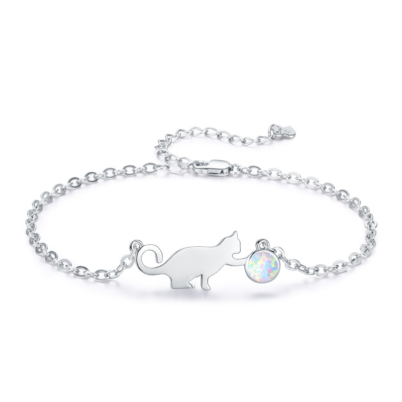 Sterling Silver Circular Shaped Opal Cat Charm Bracelet-10