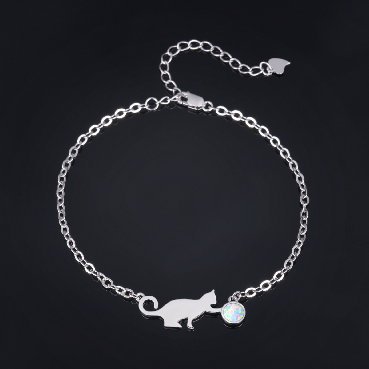 Pulsera de plata de ley con forma circular de ópalo y colgante de gato-2