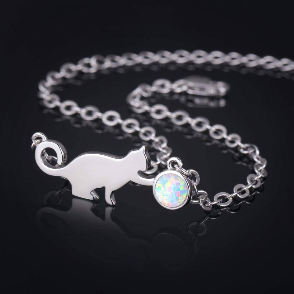 Sterling Silver Circular Shaped Opal Cat Pendant Bracelet-3