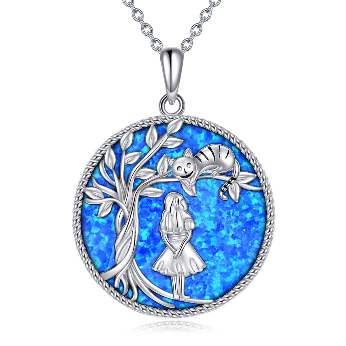 Sterling Silver Circular Shaped Opal Cat & Tree Of Life Pendant Necklace-1