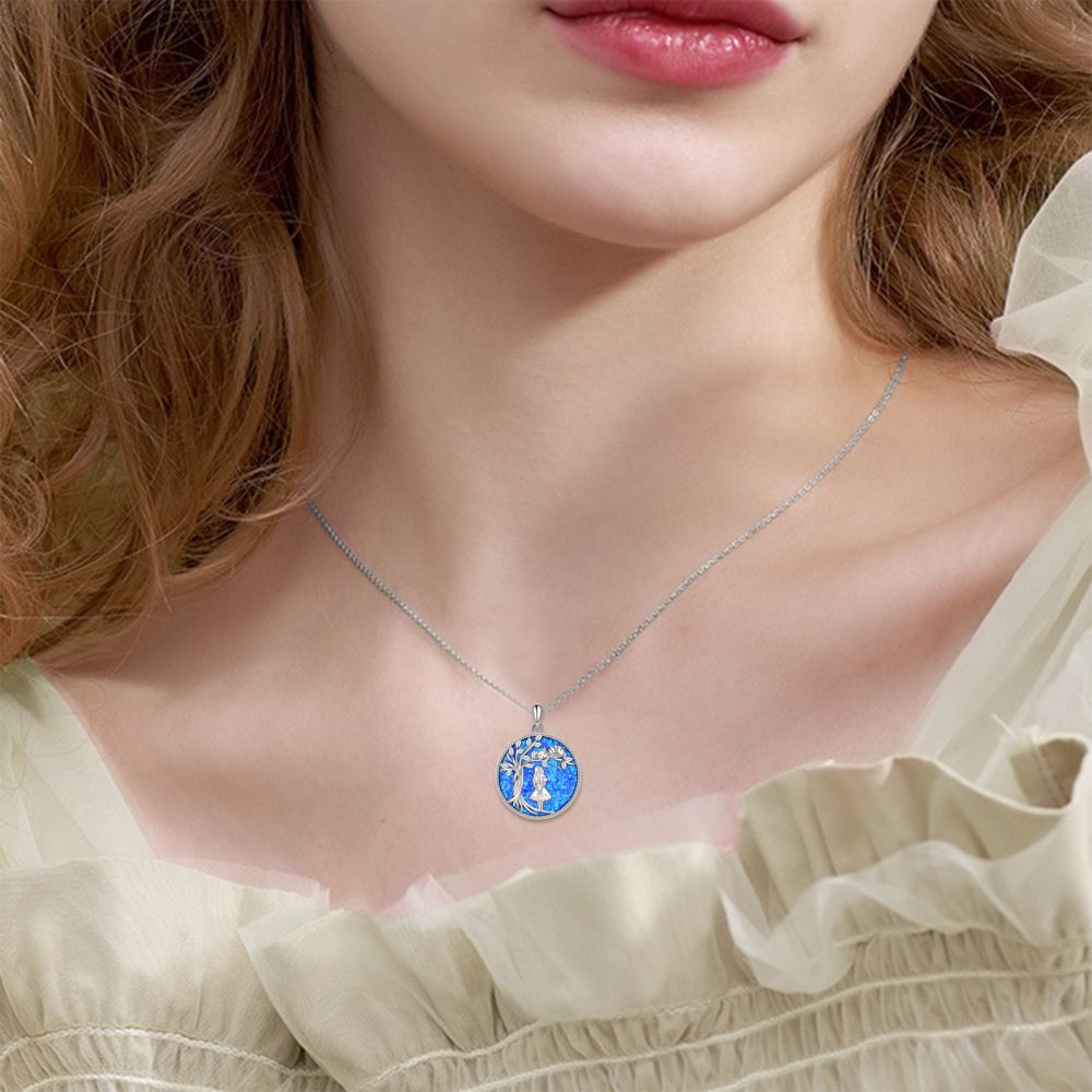 Sterling Silver Circular Opal Cat & Girl Tree Of Life Necklace for Women-2
