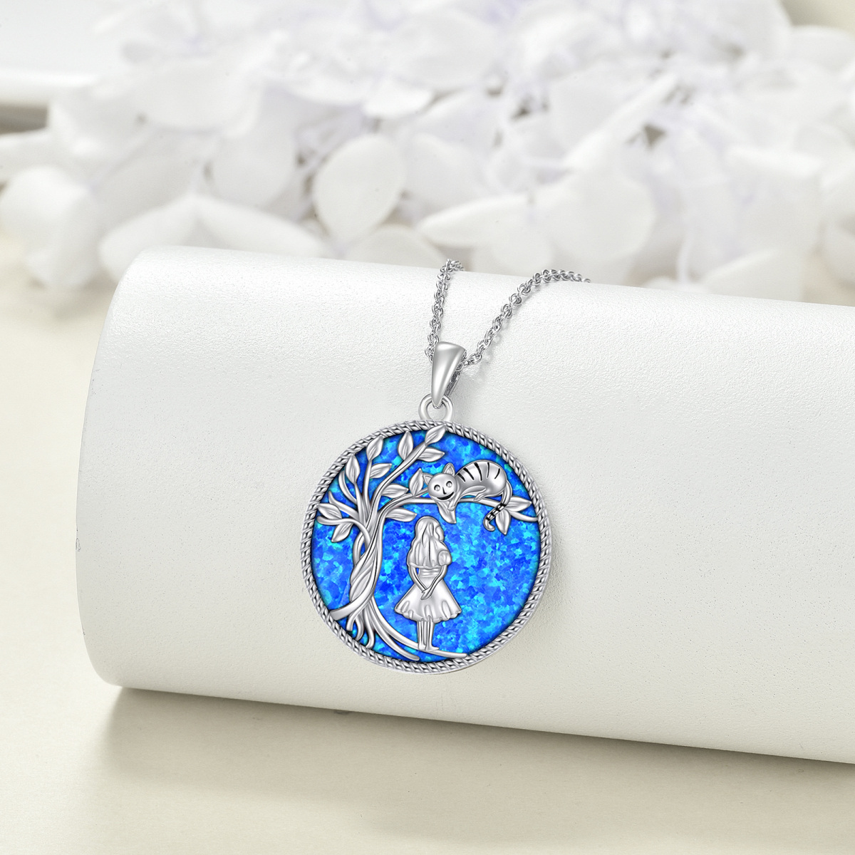 Sterling Silver Circular Shaped Opal Cat & Tree Of Life Pendant Necklace-3