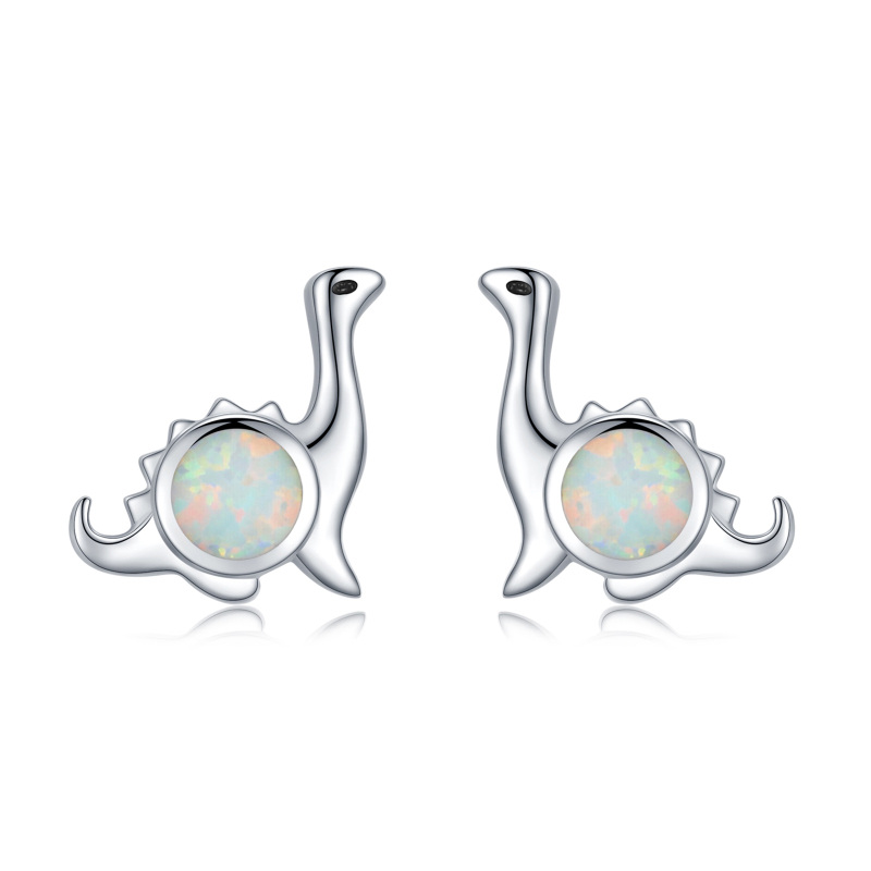 Sterling Silver Circular Shaped Opal Dinosaur Stud Earrings-2