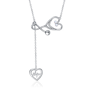 Sterling Silver Circular Cubic Zirconia Electrocardiogram & Heart Stethoscope Adjustable Y Necklace For Women-18