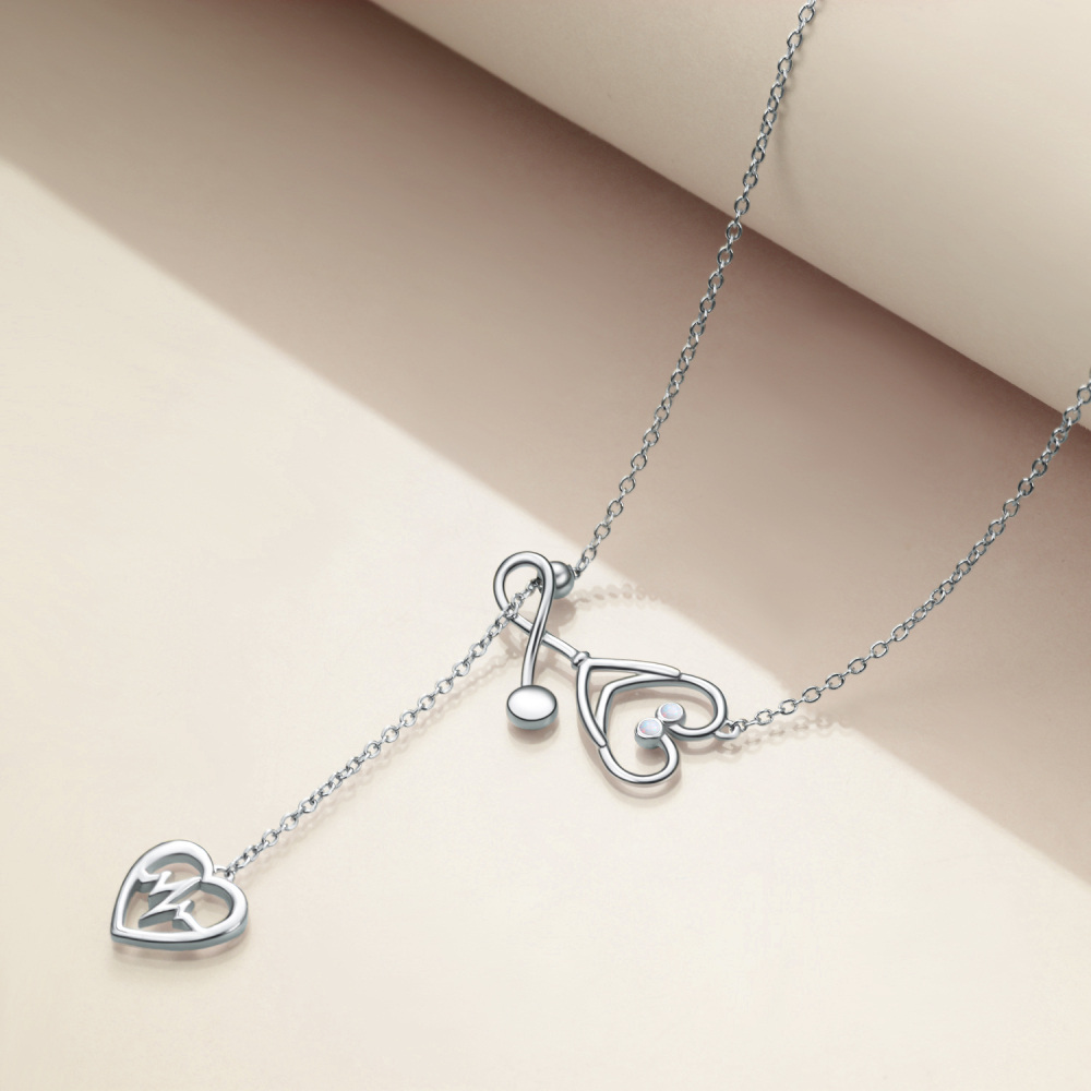 Sterling Silver Circular Cubic Zirconia Electrocardiogram & Heart Stethoscope Adjustable Y Necklace For Women-3