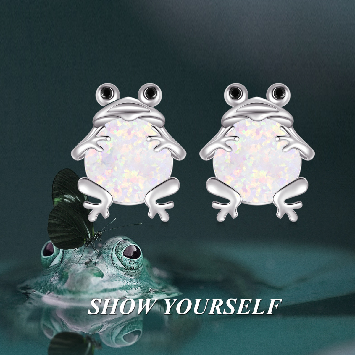 Sterling Silver Circular Shaped Opal Frog Stud Earrings-3