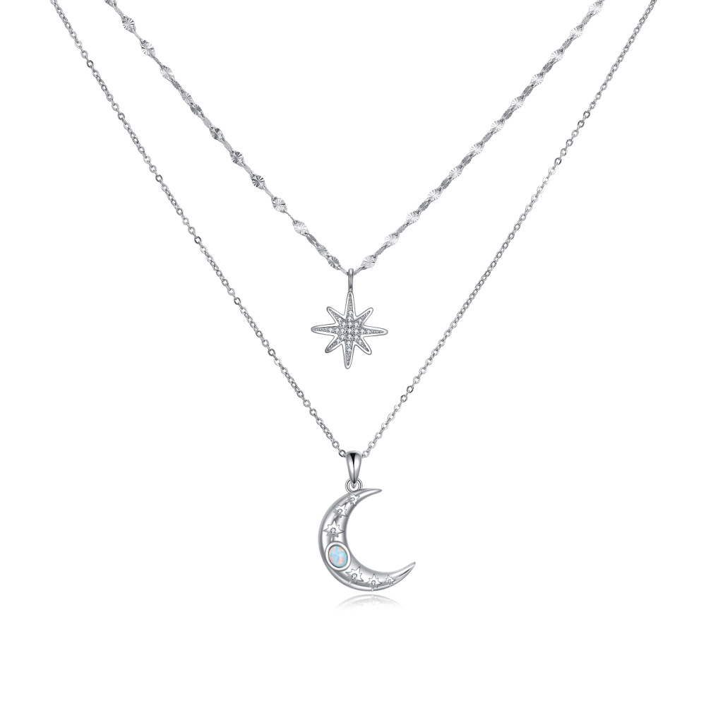 Collana a strati in argento sterling a forma di cerchio con luna e stella in opale-1
