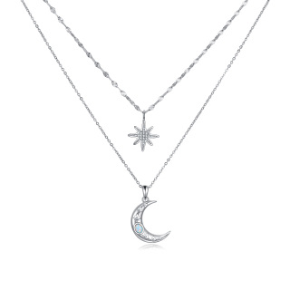 Sterling Silver Circular Shaped Opal Moon & Star Layered Necklace-18