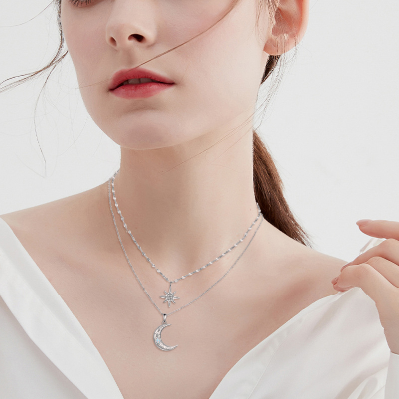 Sterling zilveren cirkelvormige opaal maan & ster gelaagde ketting-2