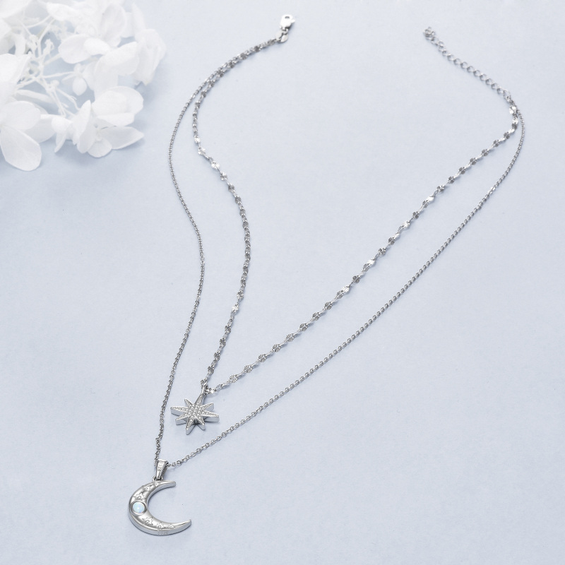 Sterling zilveren cirkelvormige opaal maan & ster gelaagde ketting-3