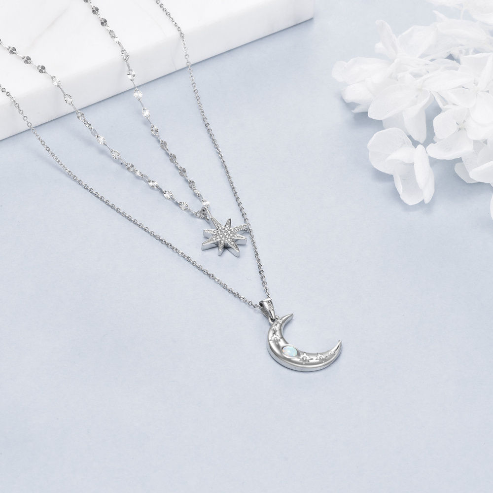 Collana a strati in argento sterling a forma di cerchio con luna e stella in opale-4