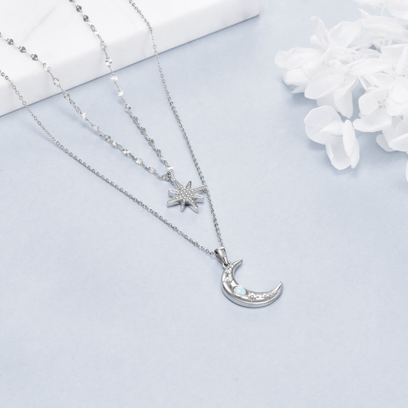Sterling zilveren cirkelvormige opaal maan & ster gelaagde ketting-4
