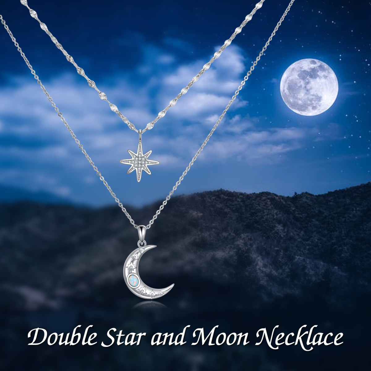 Sterling Silver Circular Shaped Opal Moon & Star Layered Necklace-6