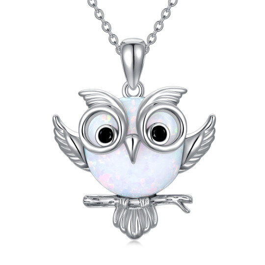 Sterling Silver Circular Shaped Opal Owl Pendant Necklace