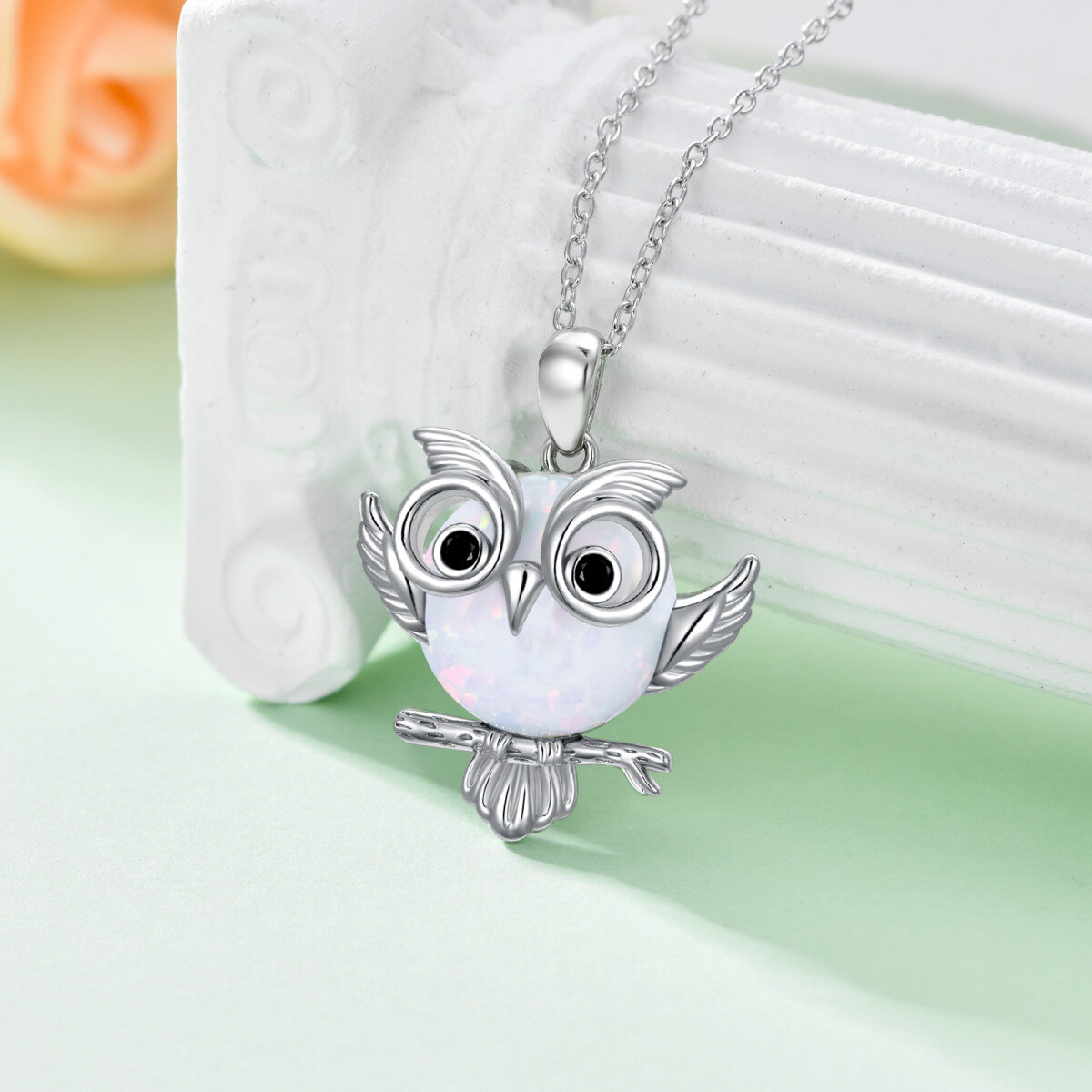 Collier en argent sterling avec pendentif hibou en opale de forme circulaire-3