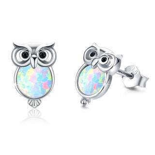 Sterling Silver Circular Shaped Opal Owl Stud Earrings-30