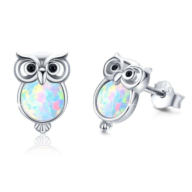 Sterling Silver Circular Shaped Opal Owl Stud Earrings