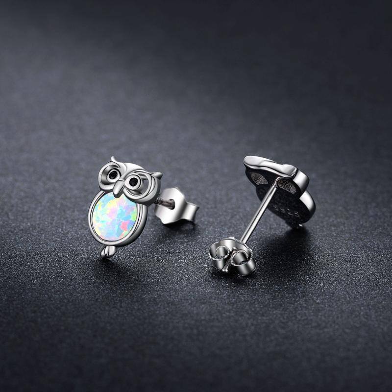 Sterling Silver Circular Shaped Opal Owl Stud Earrings-7