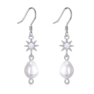 Sterling Silver Circular Shaped Opal & Pearl Star Drop Earrings-3