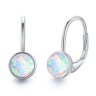 Sterling Silver Circular Shaped Opal Round Lever-back Earrings-26