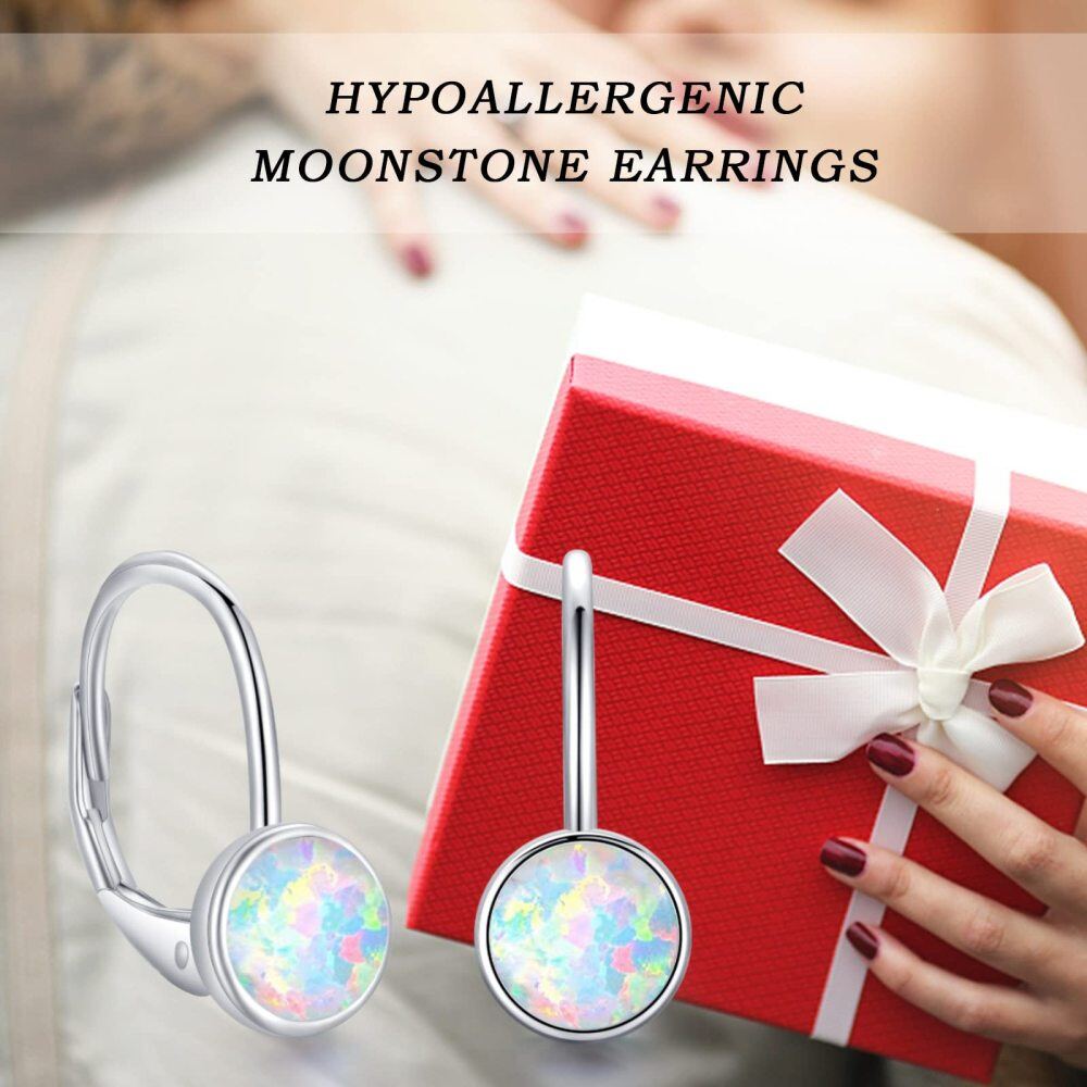 Sterling Silver Circular Shaped Opal Round Lever-back Earrings-6