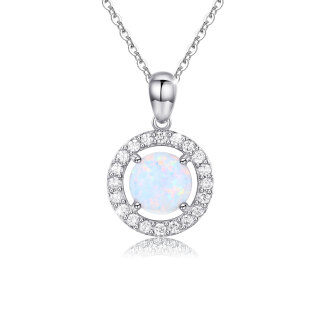 Sterling Silver Circular Shaped Opal Round Pendant Necklace-44