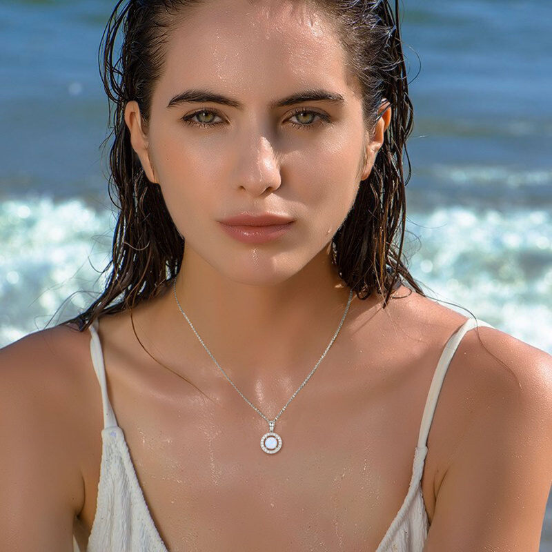 Sterling Silver Circular Shaped Opal Round Pendant Necklace-3